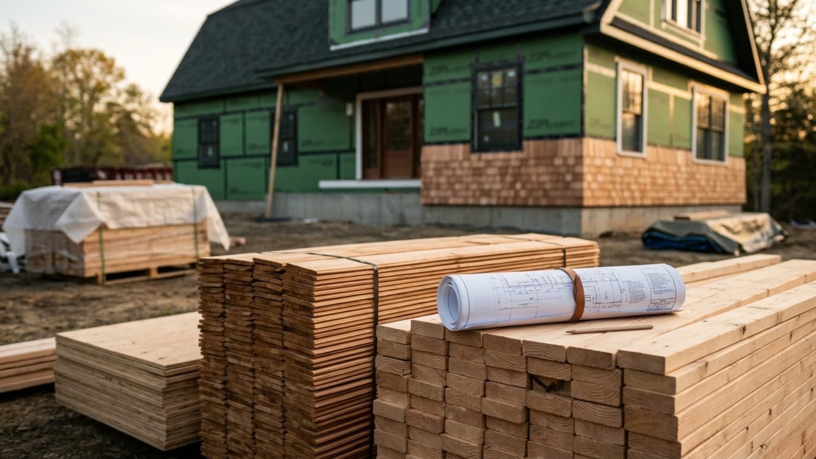 Editorial visualization of materials staged before installation: stacked cedar shingles and finish lumber with rolled blueprints in front of a cedar-shingle house at golden hour