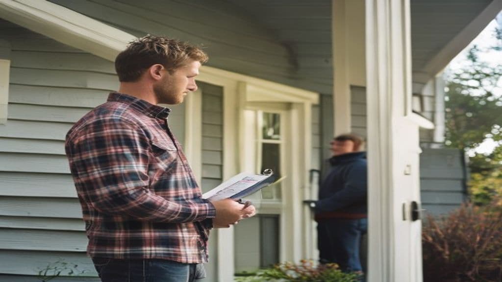 Editorial visualization of a site visit: an AKL contractor with a clipboard inspecting the door trim of a cedar-shingle Cape home while the homeowner looks on