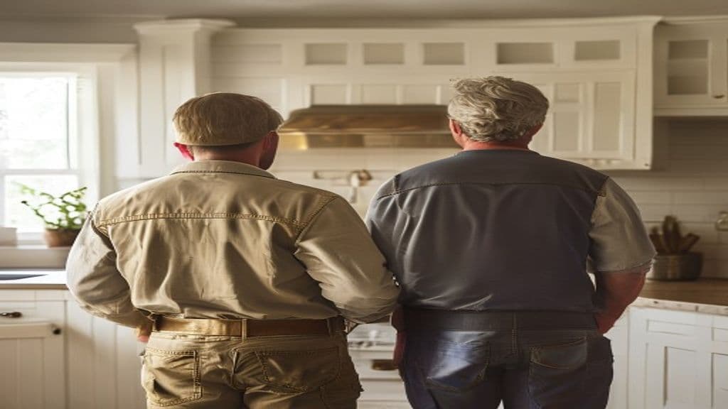 Editorial visualization of the final walkthrough: an AKL contractor and homeowner reviewing a completed custom kitchen