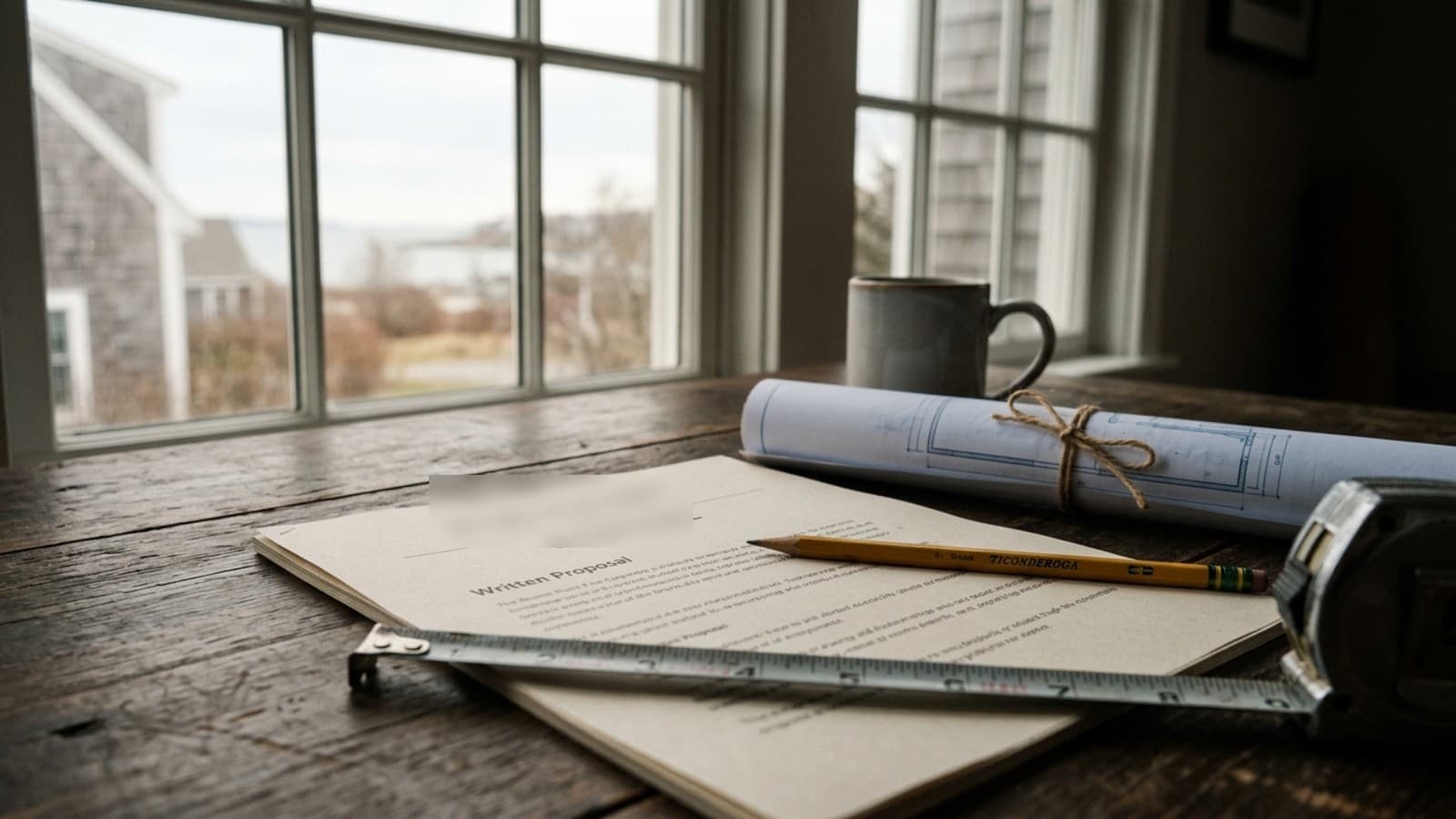 Editorial visualization of the written proposal process: a proposal document, rolled blueprints, a pencil and a tape measure on a wood table by a window